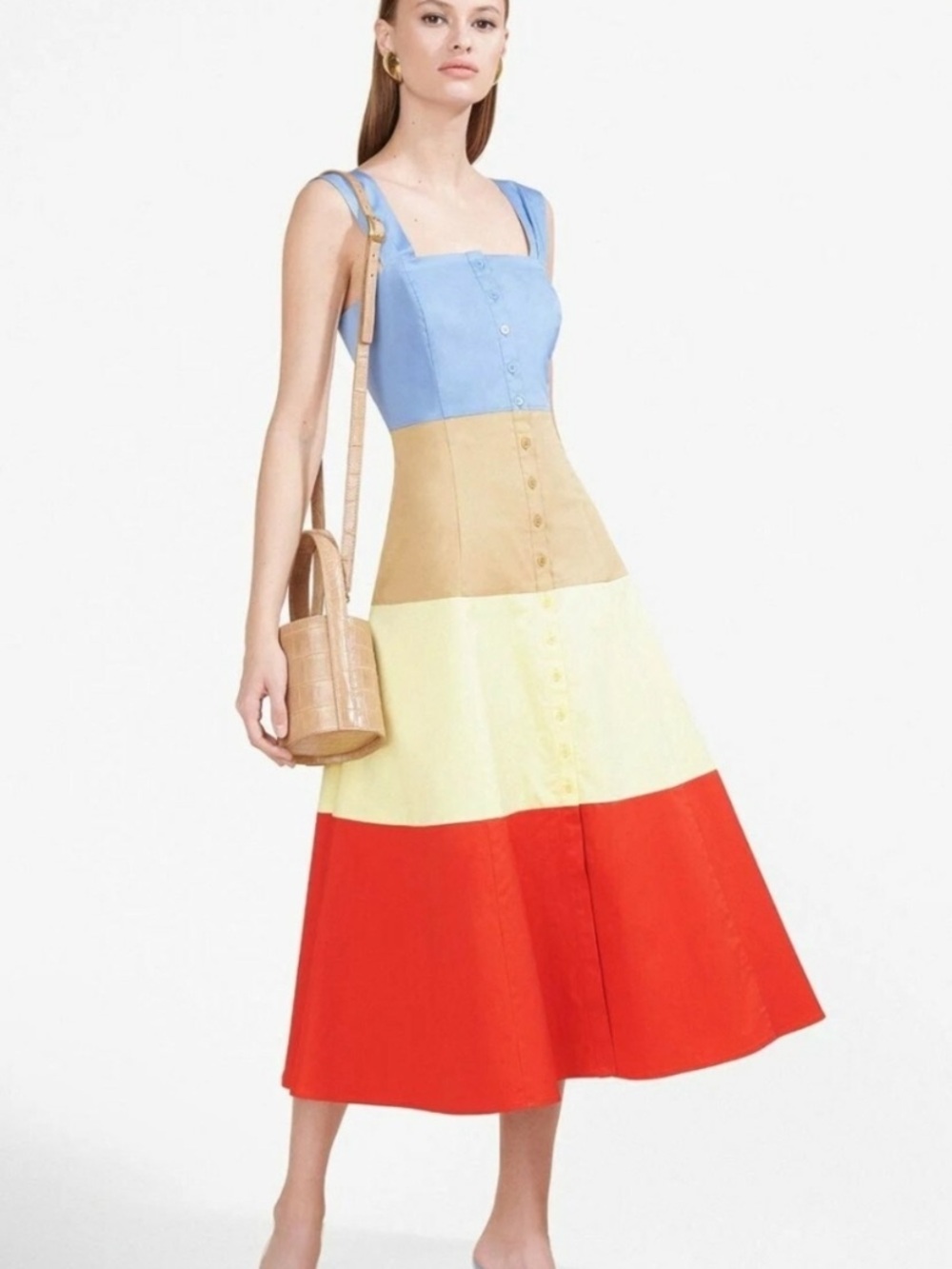 STAUD Blue, Tan, Cream & Red Tiered Button-Front Midi Dress Size 0 Small Mark